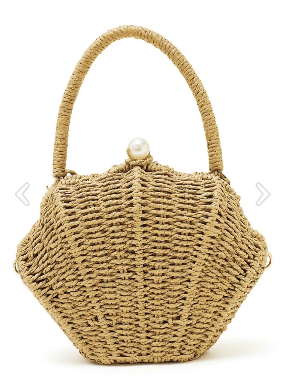 New Woven Straw Shell Handbag with pearl clasp.  - Natural